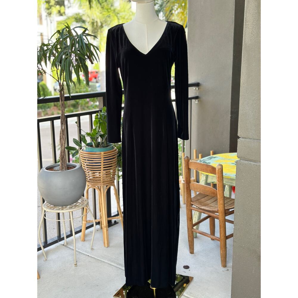 Vintage JSC Canada Large Black Velvet Velour Gown Long Sleeve Sexy V-Neck Dress